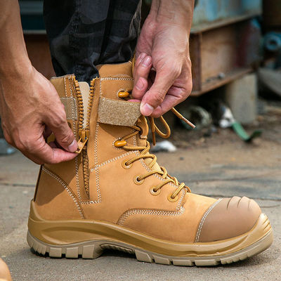 Buy Wheat Cowhide Rubber Sole Glass Fiber Toe Security Guard Work Boots Anti Smashing Kevlar Anti-Proof Work Shoes online manufacture