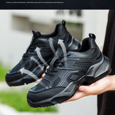 Buy Durable Black Custom Logo Safety Shoes with Breathable TPU Flying Knit and Kevlar Midsole online manufacture