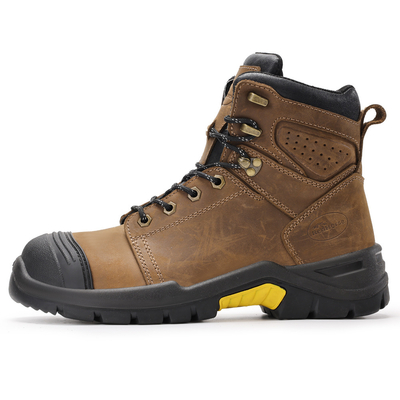 Buy Brown Microfiber Leather Safety Boots with Rubber Sole and European Standard for Maximum Protection Security Work Boots online manufacture