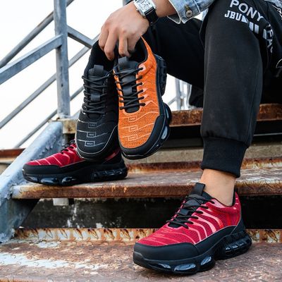 Flyknit Kevlar Air-cushioned Sole Safety Shoes For Industrial Workers In Orange Red Black