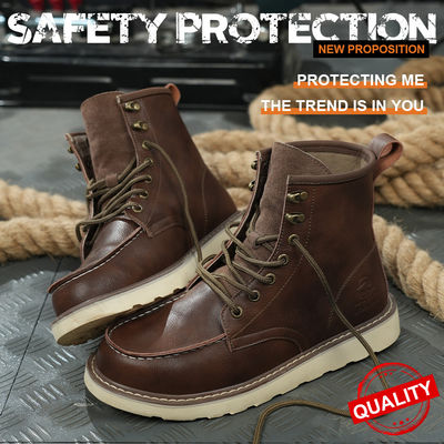 Brown Cowhide Rubber Sole Security Safety Boots Steel Toe Anti Smashing Kevlar Anti Proof Work