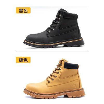 Wheat Microfiber Leather Men'S Security Work Boots Steel Toe Kevlar Mid Sole Anti Stab Rubber
