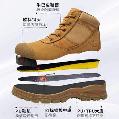 Security Work Boots Mid-cut Genuine Leather Safety Boots European Standard Steel Toe Steel Plate Midsole Work Shoes Pu+tpu Safety Shoes
